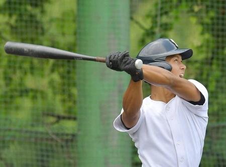 　シート打撃で左越えに三塁打を放つ大阪桐蔭・藤原（撮影・石湯恒介）