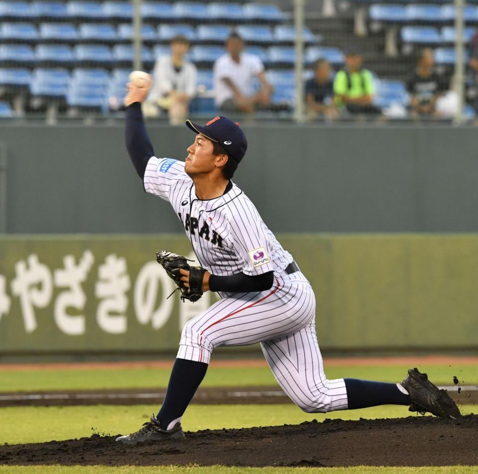 先発で力投するＵ１８日本代表・野尻＝ＫＩＲＩＳＨＩＭＡサンマリンスタジアム宮崎（撮影・持木克友）