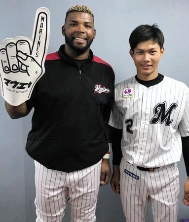 フォームフィンガーを手にするロッテ・バルガス（左）と藤原