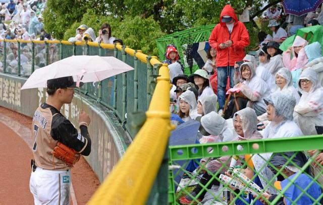 【写真】サービス満点の日本ハム　傘を借りてファンと談笑する西川