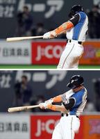 　左右両打席で２打席連続本塁打を放った日本ハム・杉谷。（上から）５回の本塁打、６回の２ラン＝札幌ドーム