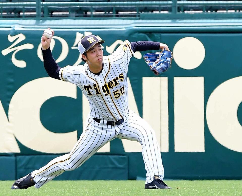 登板に向け、キャッチボールで汗を流す阪神・青柳晃洋＝甲子園（撮影・高部洋祐）