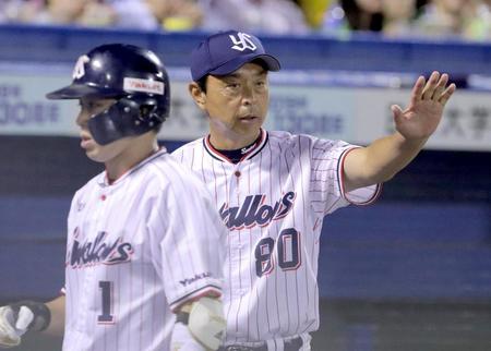 ８回、選手交代を告げるヤクルト・小川監督。手前は山田哲＝神宮球場