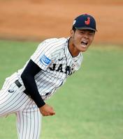 １回、ピンチを切り抜け吠えるＵ１８日本代表・浅田将汰（有明）＝韓国