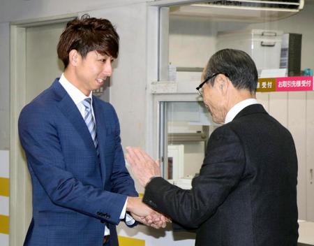 ソフトバンクの球団事務所を訪れ、王球団会長（右）と握手する福田秀平外野手＝ヤフオクドーム