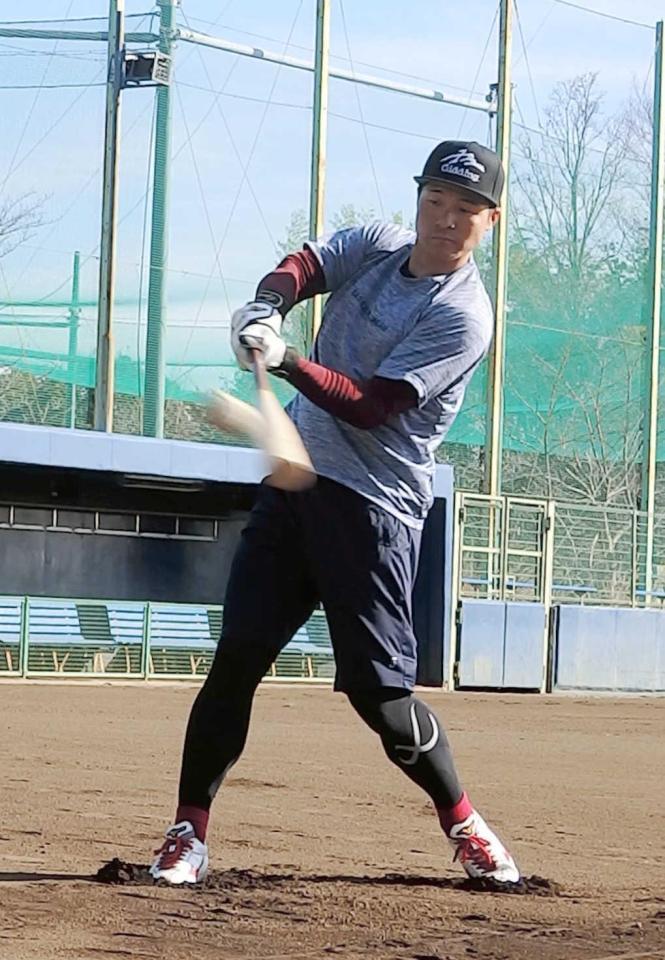 　自主トレを公開して強いスイングを見せる茂木