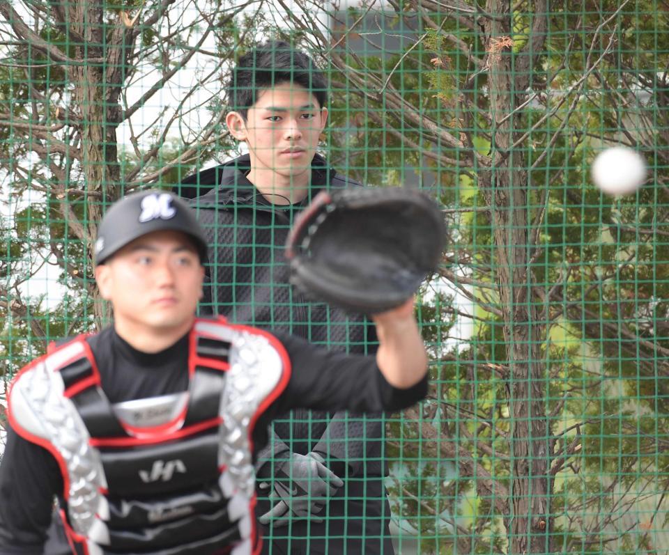 　先輩投手のブルペン投球を真剣な表情で見る佐々木朗