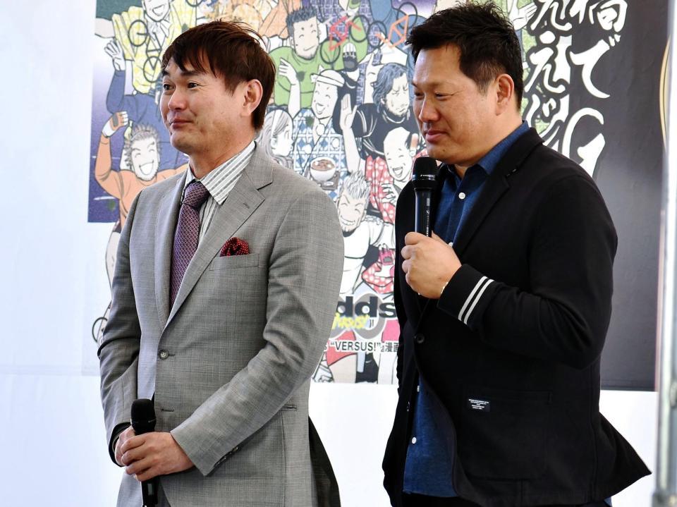 豊橋競輪でトークショーに出演した岩瀬仁紀氏（左）、山崎武司氏