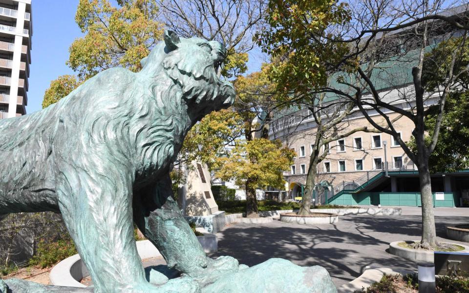 　公式戦開催中はファンでにぎわう甲子園ミズノスクエア。２０１８年、駅前から同場所に移された虎の像も寂しげ…