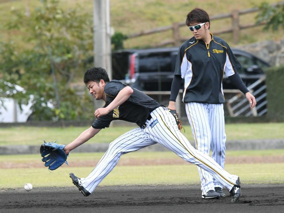 　切り返しの練習でボールを追う高橋（左）ら＝２月２日