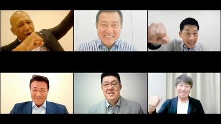 　テレビ電話会議に参加する（左上から）ＤｅＮＡ・ラミレス監督、巨人・原監督、阪神・矢野監督（左下から）中日・与田監督、広島・佐々岡監督、ヤクルト・高津監督