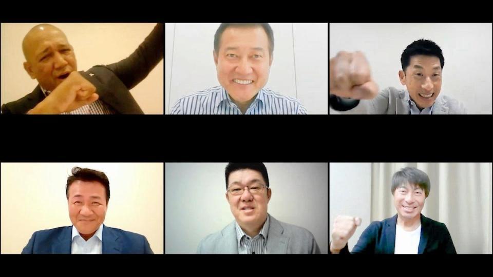 　テレビ電話会議に参加する（左上から）ＤｅＮＡ・ラミレス監督、巨人・原監督、阪神・矢野監督（左下から）中日・与田監督、広島・佐々岡監督、ヤクルト・高津監督