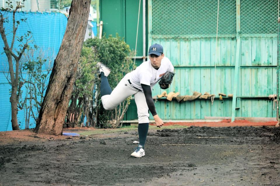 活動再開し、投球練習する法大・高田（法大野球部提供）