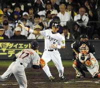 　右手一本で右前打を打つ阪神・金本＝２００４年撮影