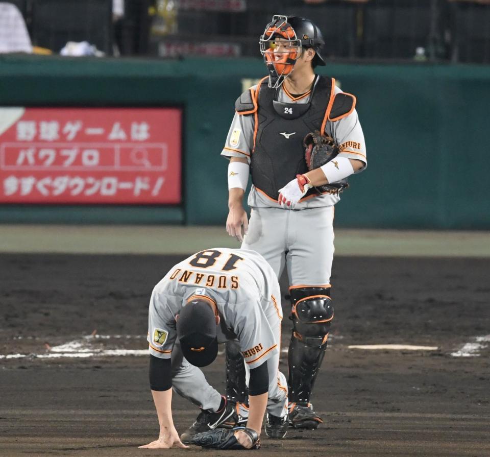 　６回、菅野は梅野の打球を足に受けグラウンドにうずくまる（撮影・山口登）