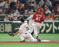 　４回、坂倉の一ゴロで松山を二封後、坂本が一塁・ベースカバーの菅野へ悪送球し、二走の生還を許す（撮影・金田祐二）