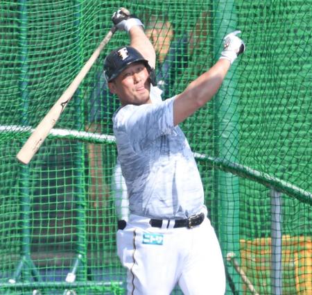 フリー打撃で豪快なスイングを見せる日本ハム・中田翔＝タピックスタジアム名護（撮影・棚橋慶太）