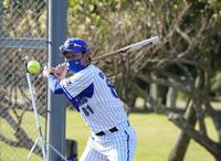 　特守の捕手陣にノックする三浦監督＝宜野湾