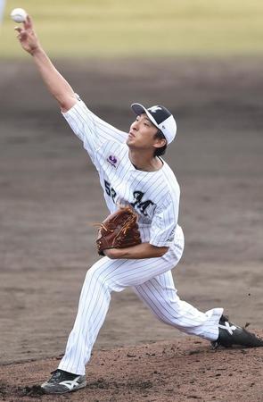 　フリー打撃に登板しアピールするドラフト４位・河村（撮影・開出牧）