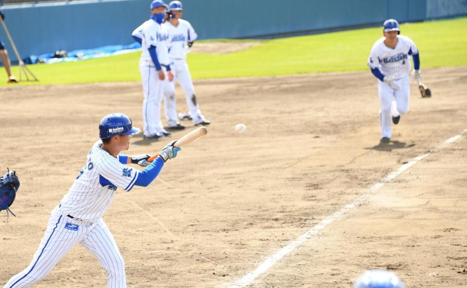 　練習でスクイズを決める大和（撮影・中田匡峻）