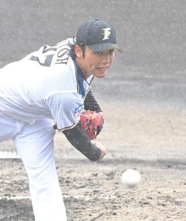 雨の中で力投する伊藤（撮影・高部洋祐）