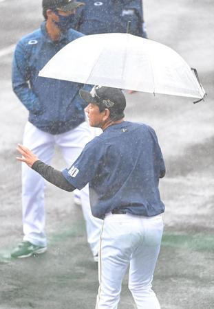 １回、雨脚が強まり、傘をさして審判と話す＝日本ハム・栗山英樹監督タピックスタジアム名護（撮影・高部洋祐）