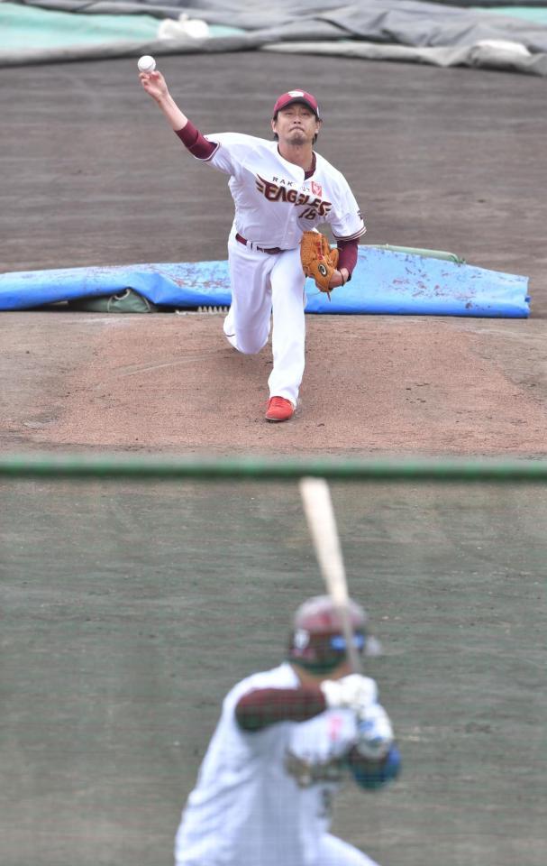 　オープン戦が雨天中止となり、シート打撃に登板する涌井（撮影・西岡正）