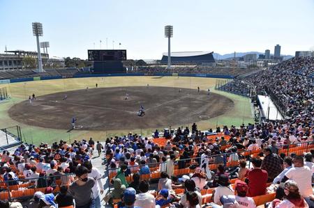　内野席が完売し、ライト外野席が開放された静岡草薙球場（撮影・西岡正）