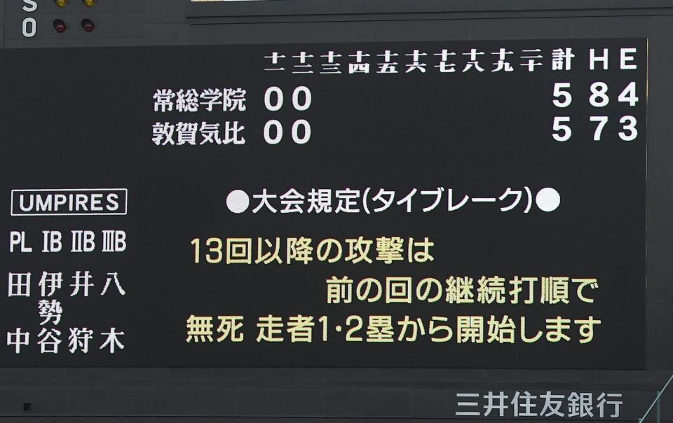 今大会初のタイブレークとなった常総学院対敦賀気比戦のスコアボード＝甲子園（撮影・伊藤笙子）