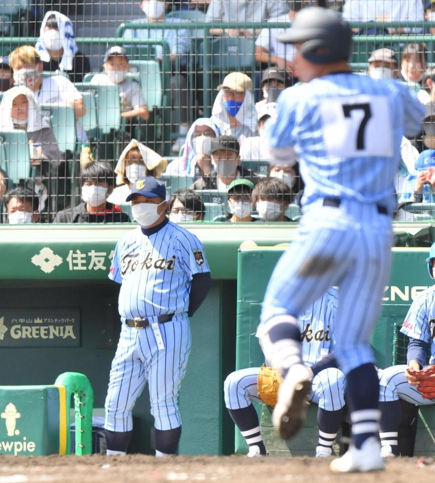 打席に立つ次男の門馬功（手前）を見つめる東海大相模・門馬敬治監督（撮影・吉澤敬太）