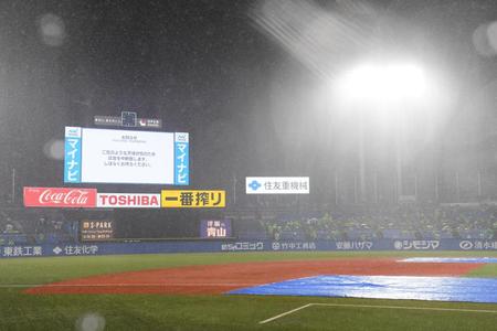 　雨のため一時試合中断となる神宮球場（撮影・高石航平）