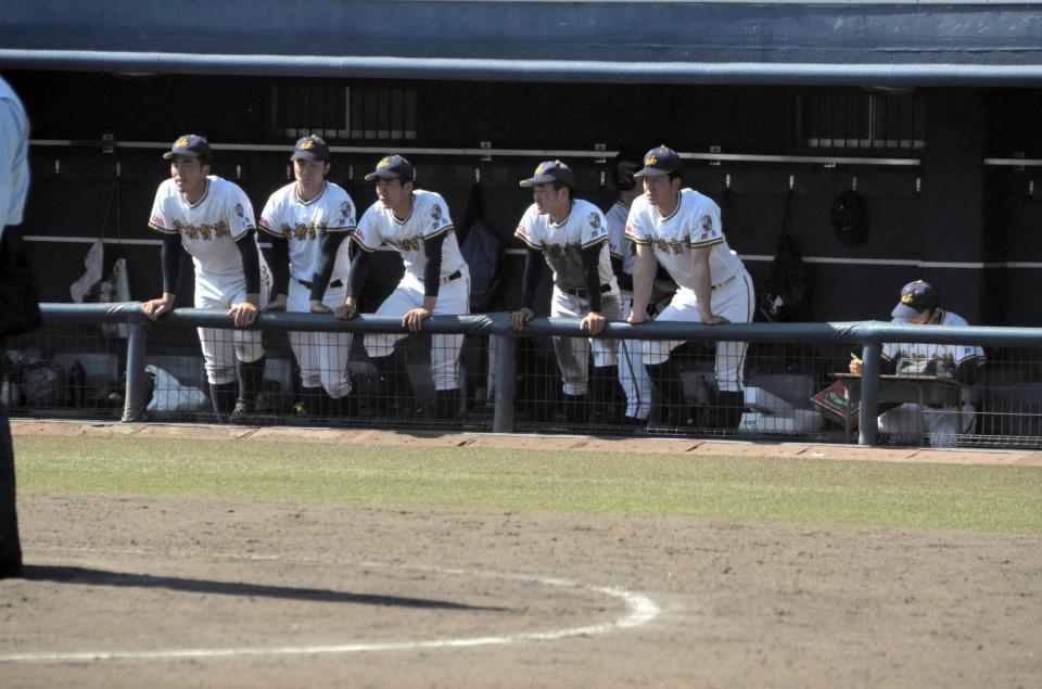 　左脇腹痛のため欠場し、ベンチからナインを鼓舞する前橋育英・皆川（右端）