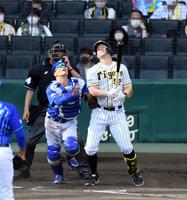 ５回、阪神ジェリー・サンズは内野フライを打ち上げるもＤｅＮＡ・田中俊太がエラーし勝ち越す＝甲子園（撮影・山口登）