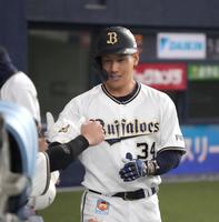 ８回、オリックス・吉田正は６号ソロを放ち、笑顔でタッチを交わす