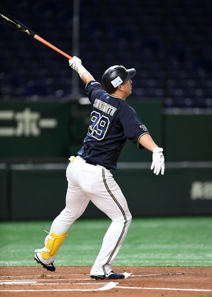 １回、杉本は左中間に８号２ランを放つ（撮影・佐藤厚）