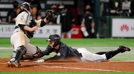 ９回ロッテ１死一、三塁、荻野の中犠飛で三走岡が生還。捕手甲斐＝ペイペイドーム