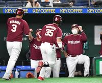 　４回、３ランを放った島内（中央）を祝福する石井監督（右）＝撮影・西岡正