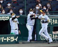 ３回阪神、阪神・矢野燿大監督（左）は生還した阪神・近本光司を迎える＝甲子園（撮影・山口登）