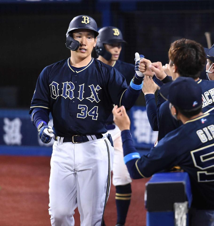 　８回、左越え２ランを放ちナインとグータッチを交わす吉田正