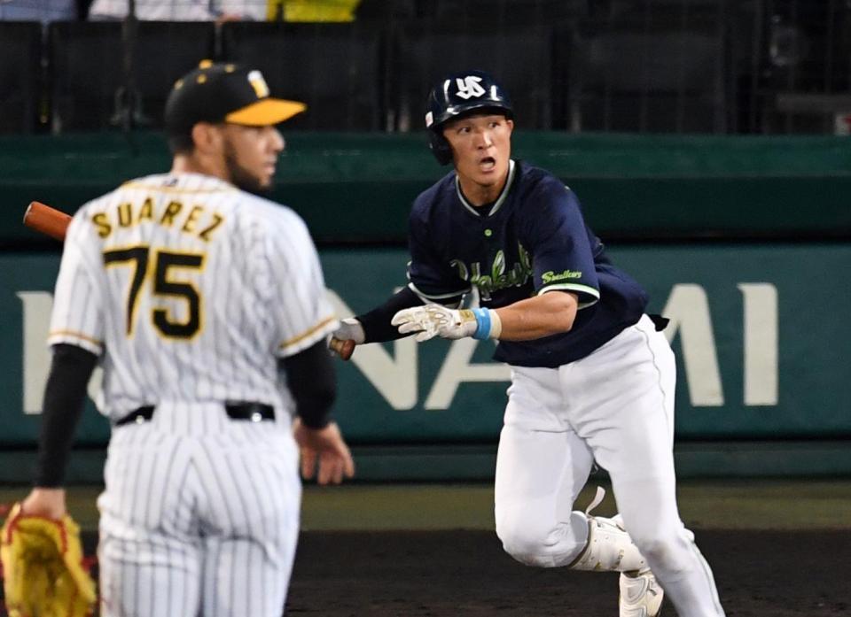 　９回、勝ち越し適時打を放つヤクルト・宮本。投手は阪神・スアレス（撮影・田中太一）