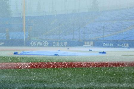 広島が練習中、ゲリラ豪雨でひょうが降った神宮のグラウンド（撮影・西岡正）