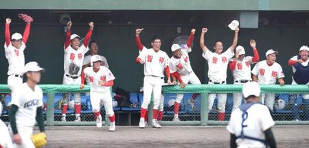 ７回、大仲が勝ち越し適時打を放ち、ベンチで大喜びする智弁和歌山ナイン（左手前は市和歌山先発・小園）＝紀三井寺公園野球場（撮影・北村雅宏）