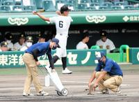 　グラウンドにファウルラインを引く阪神園芸のスタッフ（撮影・伊藤笙子）