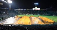 　１７日の雨予報の対策でグラウンドにシートが敷かれた甲子園（撮影・佐々木彰尚）