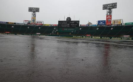 　水浸しになった甲子園球場（撮影・坂部計介）