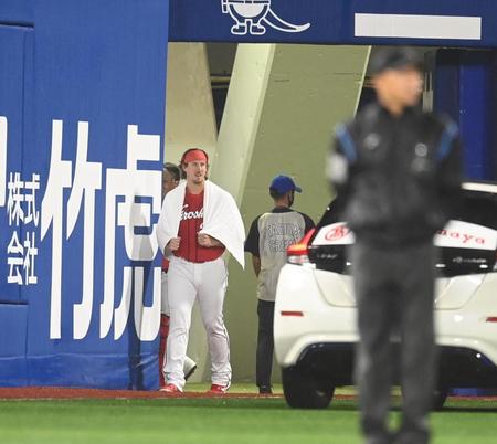 　９回、レフトスタンド下のブルペンから鳥の群れを見るバード（撮影・高石航平）