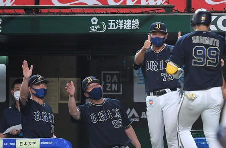 　４回、ソロを放った杉本を出迎えるオリックス・中嶋監督（撮影・伊藤笙子）