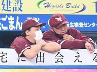 ４回、西口が連続四球でピンチを招き厳しい表情の楽天・石井監督（左）＝ＺＯＺＯマリンスタジアム（撮影・高石航平）