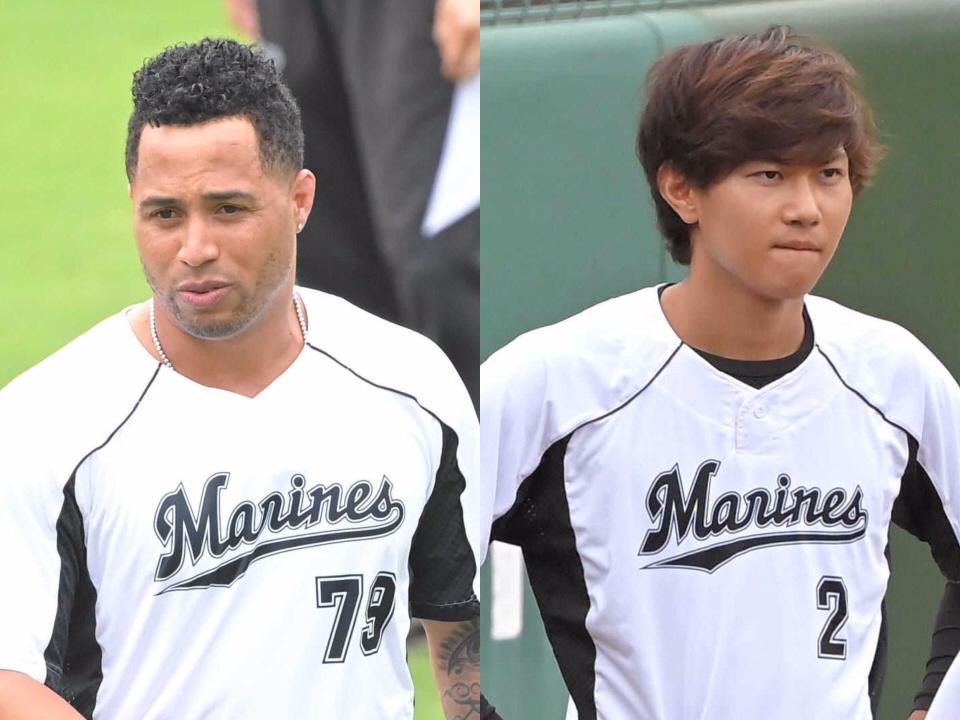 　１８日１軍に復帰するマーティン（左）と藤原