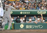 　２回、２ランを放った坂本（６）を迎える原監督（中央）＝撮影・高部洋祐